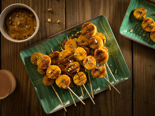 Grilled Banana Pistachio Leche Skewers